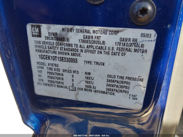 2003 Chevrolet Silverado 1500 Ls მანქანა იყიდება აუქციონზე, vin: 1GCEK19T13E330093, აუქციონის ნომერი: 45272145