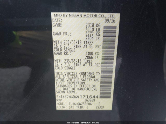 Aukcja sprzedaży 2016 Nissan Murano Sv, vin: 5N1AZ2MG0GN171644, numer aukcji: 45272168