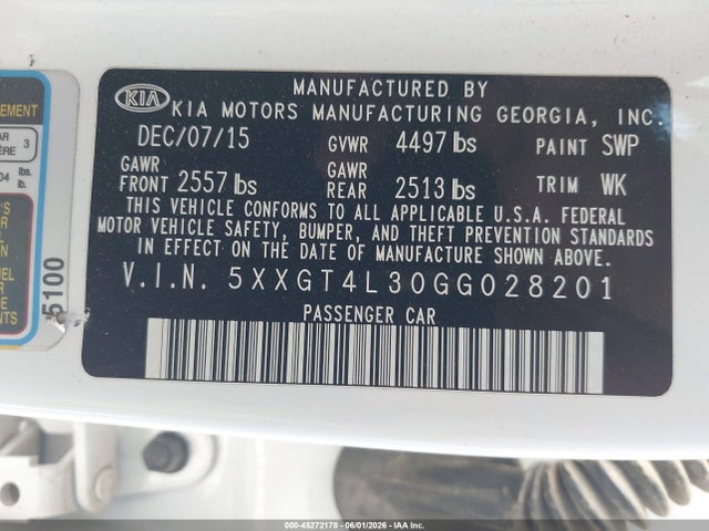 Aukcja sprzedaży 2016 Kia Optima Lx, vin: 5XXGT4L30GG028201, numer aukcji: 45272178