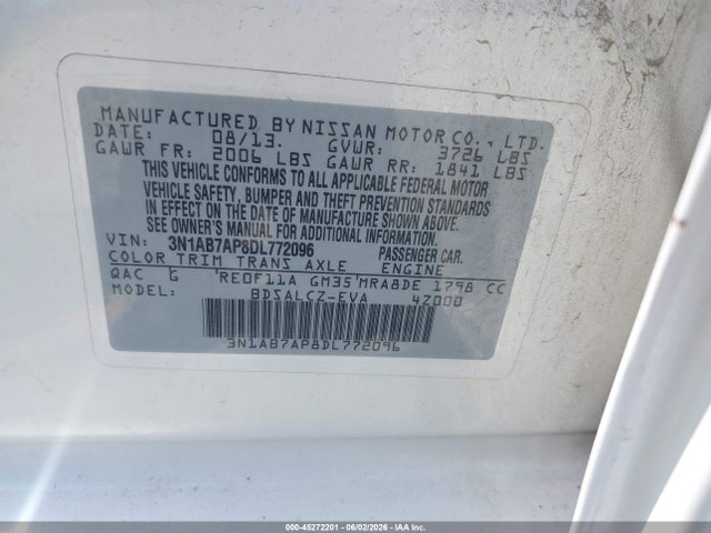 Aukcja sprzedaży 2013 Nissan Sentra S, vin: 3N1AB7AP8DL772096, numer aukcji: 45272201