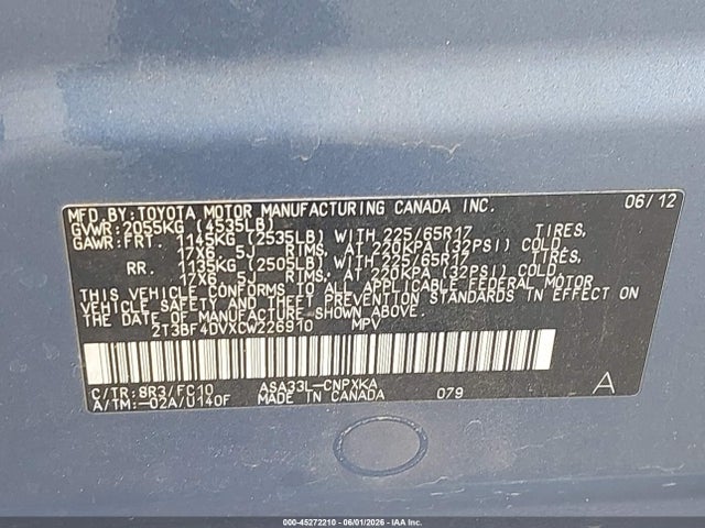 45272210 :رقم المزاد ، 2T3BF4DVXCW226910 vin ، 2012 Toyota Rav4 مزاد بيع