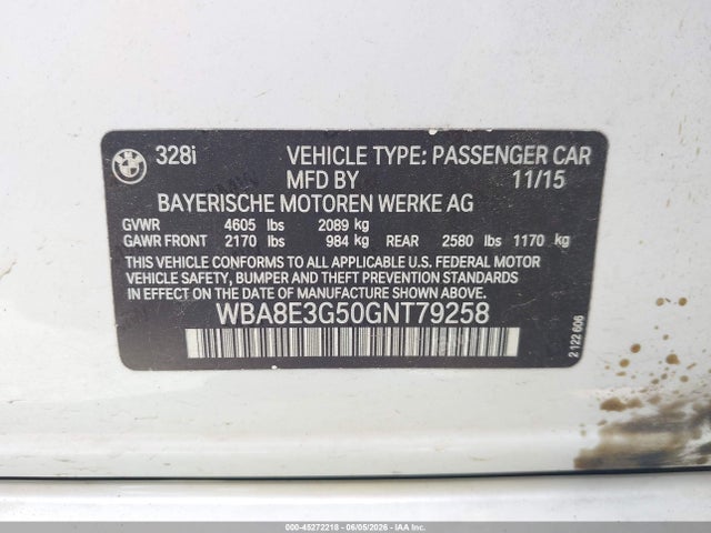 Aukcja sprzedaży 2016 Bmw 328i Xdrive, vin: WBA8E3G50GNT79258, numer aukcji: 45272218