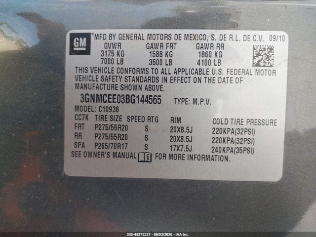 2011 Chevrolet Avalanche 1500 Ls მანქანა იყიდება აუქციონზე, vin: 3GNMCEE03BG144565, აუქციონის ნომერი: 45272227