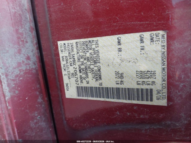 45272229 :رقم المزاد ، 1N4AL3AP8GC206707 vin ، 2016 Nissan Altima 2.5/2.5 S/2.5 Sl/2.5 Sr/2.5 Sv مزاد بيع
