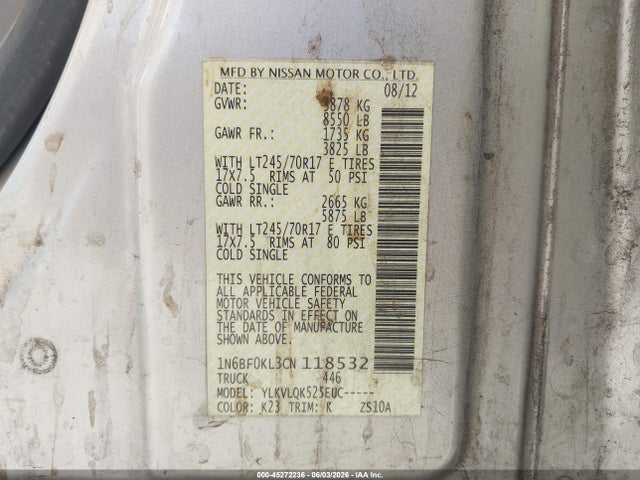 2012 Nissan Nv 1500 Nv1500 S V6 მანქანა იყიდება აუქციონზე, vin: 1N6BF0KL3CN118532, აუქციონის ნომერი: 45272236
