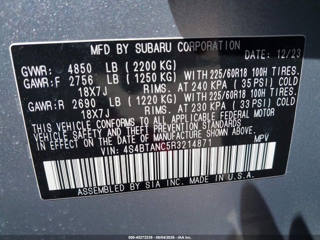 2024 Subaru Outback Limited მანქანა იყიდება აუქციონზე, vin: 4S4BTANC5R3214871, აუქციონის ნომერი: 45272239
