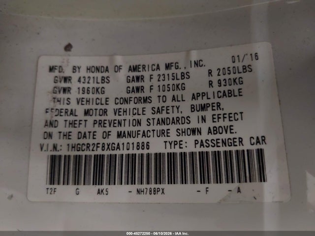 Продаж на аукціоні авто 2016 Honda Accord Ex-l, vin: 1HGCR2F8XGA101886, номер лоту: 45272250