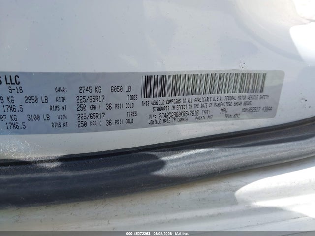 45272263 :رقم المزاد ، 2C4RDGBG0KR547616 vin ، 2019 Dodge Grand Caravan Se مزاد بيع