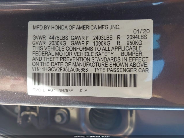 Aukcja sprzedaży 2020 Honda Accord Sport 2.0t, vin: 1HGCV2F35LA005688, numer aukcji: 45272274