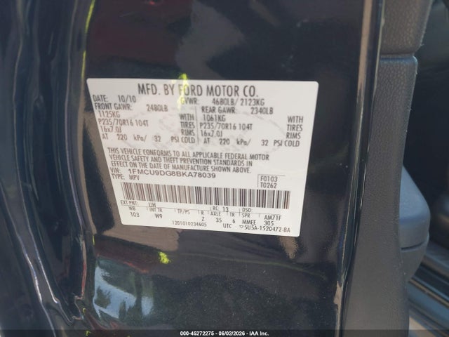 Aukcja sprzedaży 2011 Ford Escape Xlt, vin: 1FMCU9DG8BKA78039, numer aukcji: 45272275