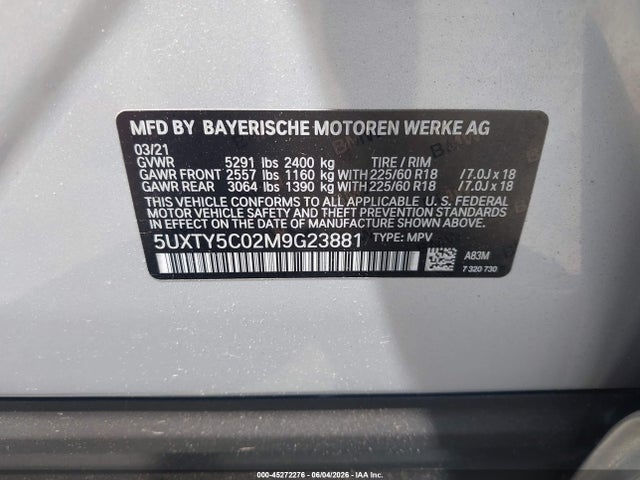45272276 :رقم المزاد ، 5UXTY5C02M9G23881 vin ، 2021 Bmw X3 Xdrive30i مزاد بيع