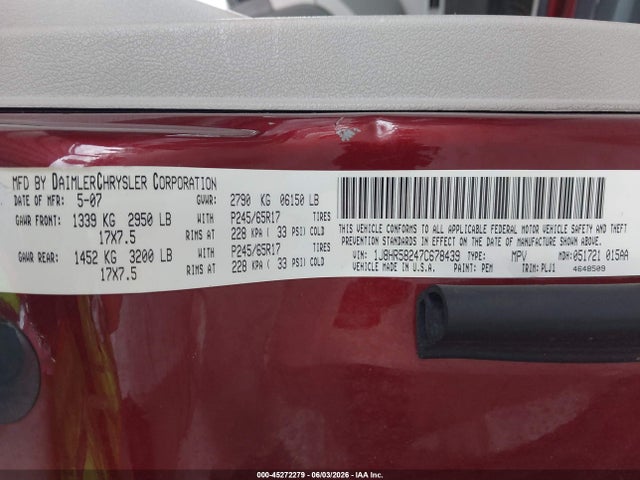 2007 Jeep Grand Cherokee Limited მანქანა იყიდება აუქციონზე, vin: 1J8HR58247C678439, აუქციონის ნომერი: 45272279