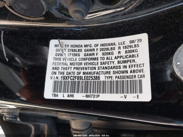 Продажа на аукционе авто 2020 Honda Civic Sport, vin: 19XFC2F89LE025386, номер лота: 45272294