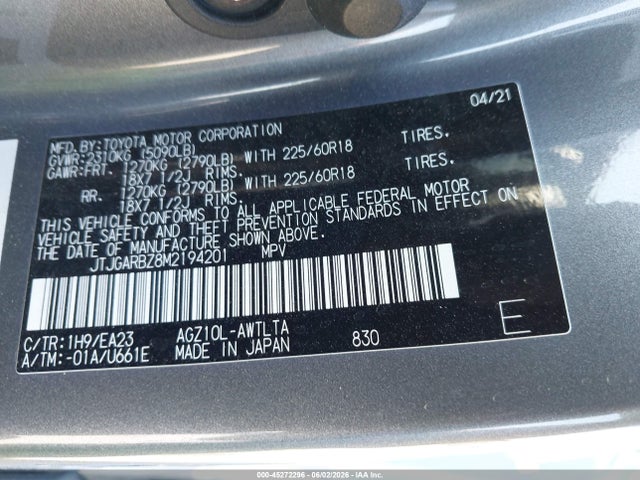 Aukcja sprzedaży 2021 Lexus Nx 300, vin: JTJGARBZ8M2194201, numer aukcji: 45272296
