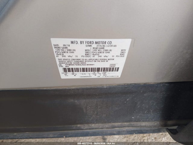 Ford EXPLORER XLT 2018 1FM5K7D80JGC85991 Image 9