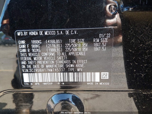 2022 Honda Hr-v Awd Sport მანქანა იყიდება აუქციონზე, vin: 3CZRU6H17NM745337, აუქციონის ნომერი: 45272327