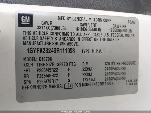 Aukcja sprzedaży 2009 Cadillac Escalade Standard, vin: 1GYFK23249R111098, numer aukcji: 45272363