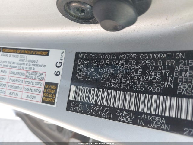 Aukcja sprzedaży 2016 Toyota Prius Two Eco, vin: JTDKARFU1G3519801, numer aukcji: 45272374