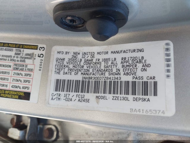 45272378 :رقم المزاد ، 1NXBR30E07Z841343 vin ، 2007 Toyota Corolla S مزاد بيع