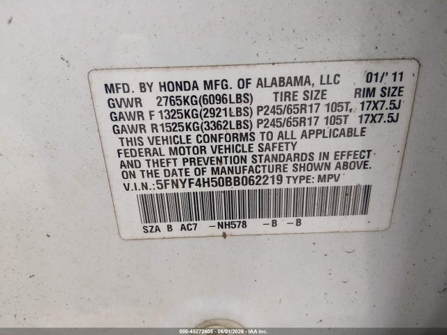 Продаж на аукціоні авто 2011 Honda Pilot Ex-l, vin: 5FNYF4H50BB062219, номер лоту: 45272405