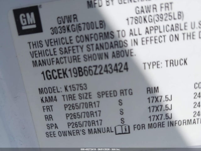 45272419 :رقم المزاد ، 1GCEK19B66Z243424 vin ، 2006 Chevrolet Silverado 1500 Lt1 مزاد بيع