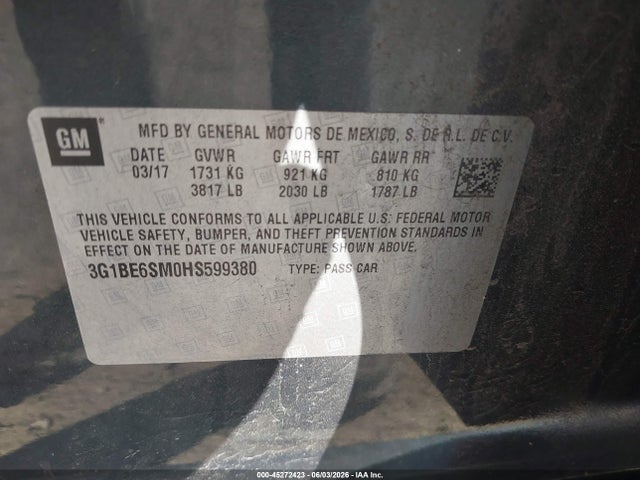 Продажа на аукционе авто 2017 Chevrolet Cruze Lt Auto, vin: 3G1BE6SM0HS599380, номер лота: 45272423