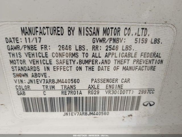 2018 Infiniti Q50 3.0t Luxe მანქანა იყიდება აუქციონზე, vin: JN1EV7AR8JM440560, აუქციონის ნომერი: 45272428