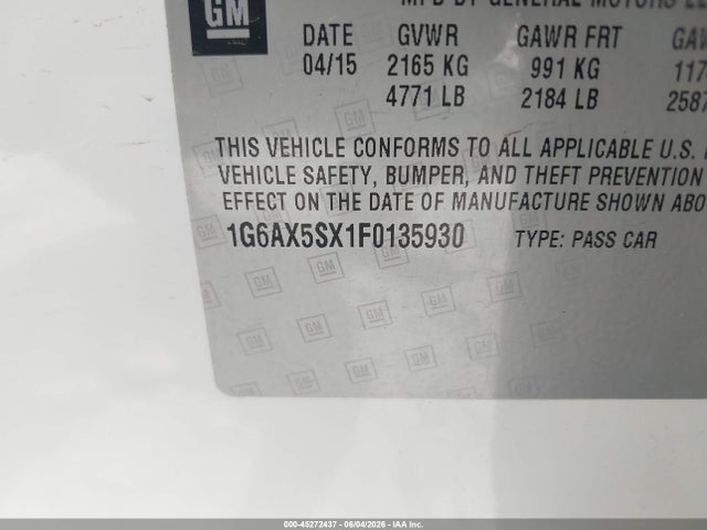Продаж на аукціоні авто 2015 Cadillac Cts Luxury, vin: 1G6AX5SX1F0135930, номер лоту: 45272437