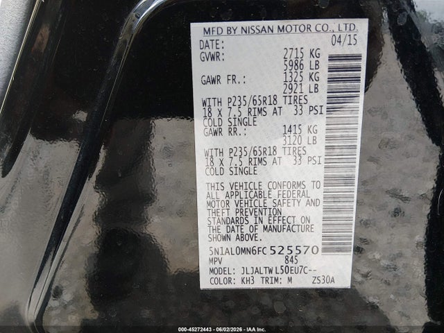 2015 Infiniti Qx60 მანქანა იყიდება აუქციონზე, vin: 5N1AL0MN6FC525570, აუქციონის ნომერი: 45272443