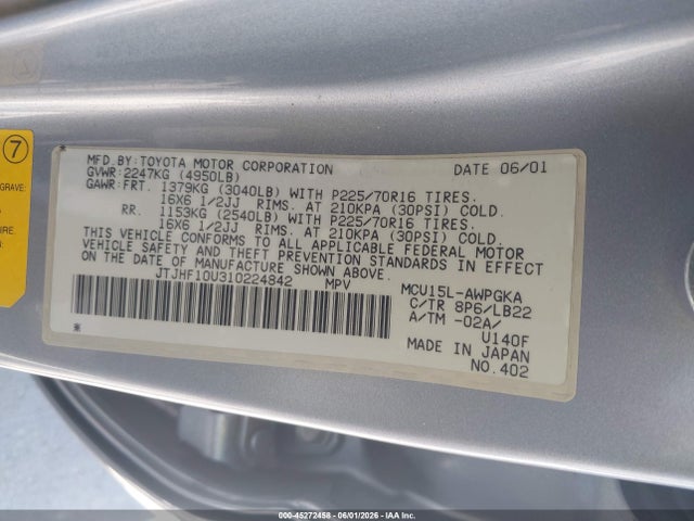 Aukcja sprzedaży 2001 Lexus Rx 300, vin: JTJHF10U310224842, numer aukcji: 45272458