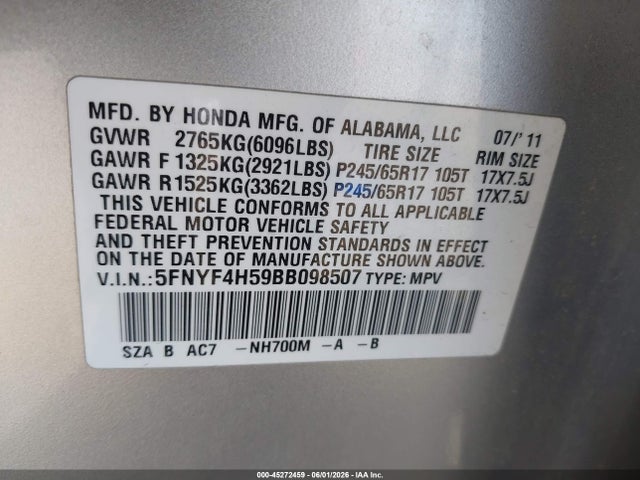 Продажа на аукционе авто 2011 Honda Pilot Ex-l, vin: 5FNYF4H59BB098507, номер лота: 45272459
