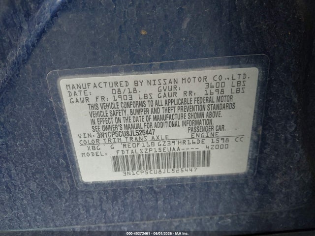 45272461 :رقم المزاد ، 3N1CP5CU8JL525447 vin ، 2018 Nissan Kicks Sv مزاد بيع