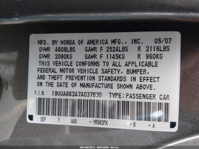 Aukcja sprzedaży 2007 Acura Tl 3.2, vin: 19UUA66247A037830, numer aukcji: 45272472