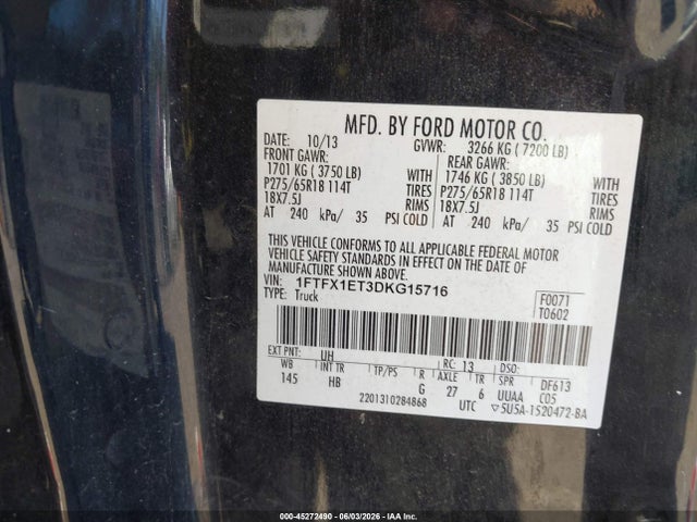 2013 Ford F-150 Lariat მანქანა იყიდება აუქციონზე, vin: 1FTFX1ET3DKG15716, აუქციონის ნომერი: 45272490