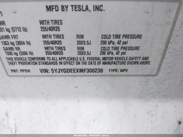 Aukcja sprzedaży 2021 Tesla Model Y Long Range Dual Motor All-wheel Drive, vin: 5YJYGDEEXMF306236, numer aukcji: 45272494