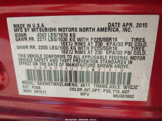 45272501 :رقم المزاد ، 4A4AR3AU1FE031419 vin ، 2015 Mitsubishi Outlander Sport Es مزاد بيع