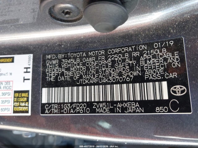 Продажа на аукционе авто 2019 Toyota Prius Le, vin: JTDKARFU4K3070767, номер лота: 45272510