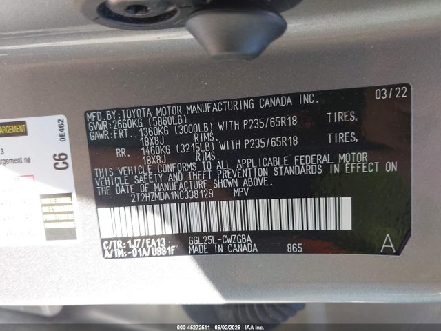 45272511 :رقم المزاد ، 2T2HZMDA1NC338129 vin ، 2022 Lexus Rx 350 مزاد بيع