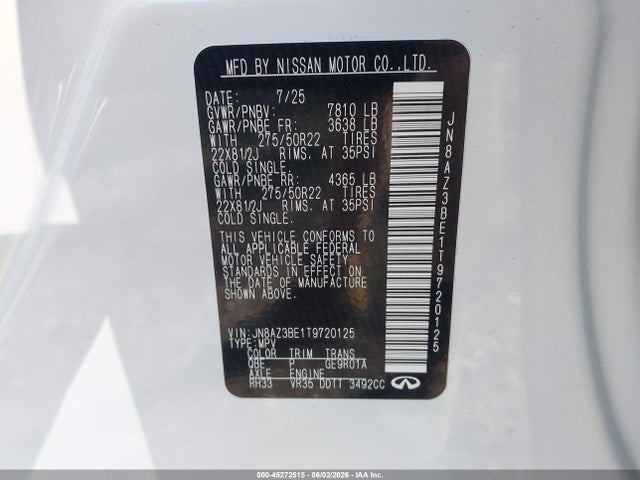 Aukcja sprzedaży 2026 Infiniti Qx80 Luxe Awd, vin: JN8AZ3BE1T9720125, numer aukcji: 45272515