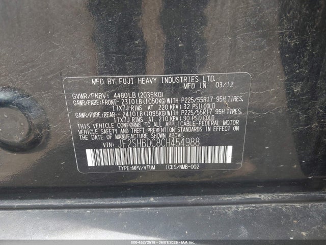 2012 Subaru Forester 2.5x Premium მანქანა იყიდება აუქციონზე, vin: JF2SHBDC8CH454988, აუქციონის ნომერი: 45272518
