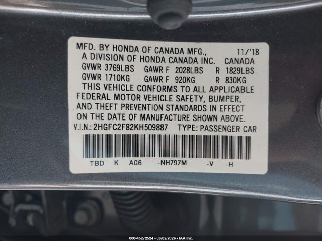 Продажа на аукционе авто 2019 Honda Civic Sport, vin: 2HGFC2F82KH509887, номер лота: 45272524