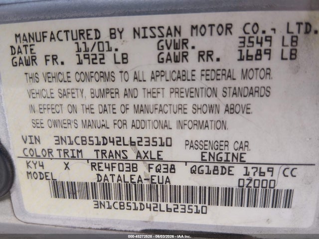 2002 Nissan Sentra Gxe მანქანა იყიდება აუქციონზე, vin: 3N1CB51D42L623510, აუქციონის ნომერი: 45272528