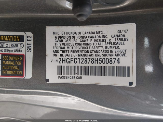Aukcja sprzedaży 2008 Honda Civic Ex, vin: 2HGFG12878H500874, numer aukcji: 45272542