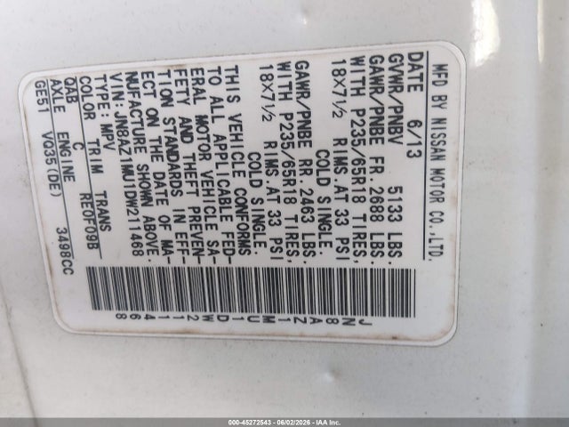 45272543 :رقم المزاد ، JN8AZ1MU1DW211468 vin ، 2013 Nissan Murano S مزاد بيع