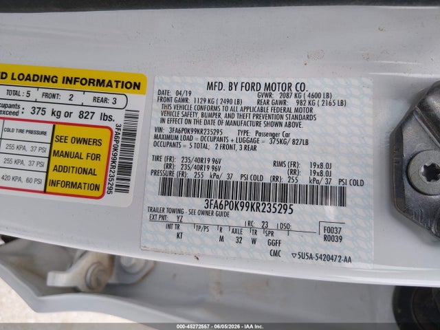 45272557 :رقم المزاد ، 3FA6P0K99KR235295 vin ، 2019 Ford Fusion Titanium مزاد بيع