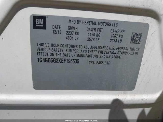 Aukcja sprzedaży 2014 Buick Lacrosse Leather Group, vin: 1G4GB5G3XEF196535, numer aukcji: 45272562