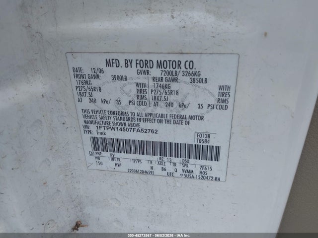 2007 Ford F-150 Fx4/lariat/xlt მანქანა იყიდება აუქციონზე, vin: 1FTPW14507FA52762, აუქციონის ნომერი: 45272567