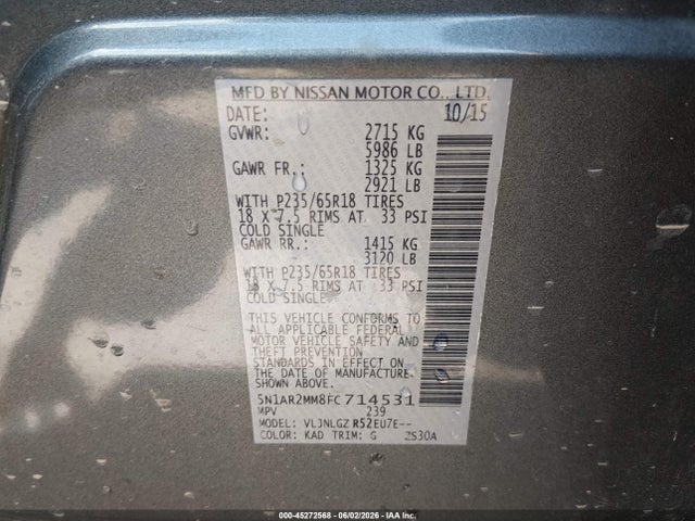 45272568 :رقم المزاد ، 5N1AR2MM8FC714531 vin ، 2015 Nissan Pathfinder Sl مزاد بيع