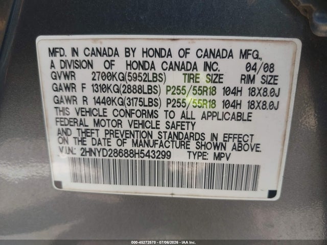 Продаж на аукціоні авто 2008 Acura Mdx Technology Package, vin: 2HNYD28688H543299, номер лоту: 45272570