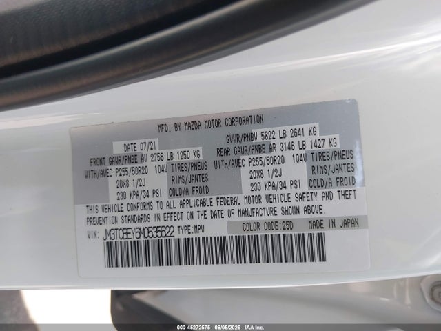 2021 Mazda Cx-9 Signature მანქანა იყიდება აუქციონზე, vin: JM3TCBEY6M0535622, აუქციონის ნომერი: 45272575